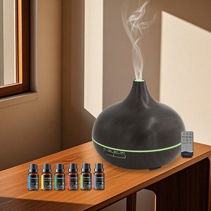 Aromatherapy Diffuser with 6 Essential Oils - 550ml Wood Grain Ultrasonic Humidifier with Remote Control & 7 Color LED Light - Perfect Gift for Christmas, Birthdays & Housewarming