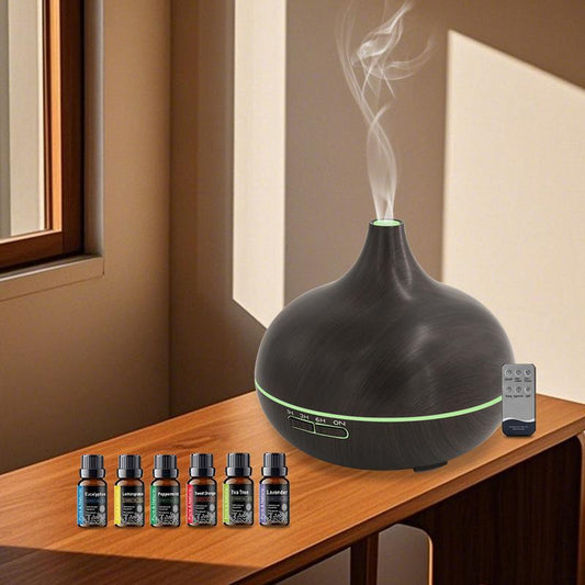 Aromatherapy Diffuser with 6 Essential Oils - 550ml Wood Grain Ultrasonic Humidifier with Remote Control & 7 Color LED Light - Perfect Gift for Christmas, Birthdays & Housewarming