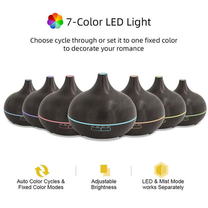 Aromatherapy Diffuser with 6 Essential Oils - 550ml Wood Grain Ultrasonic Humidifier with Remote Control & 7 Color LED Light - Perfect Gift for Christmas, Birthdays & Housewarming