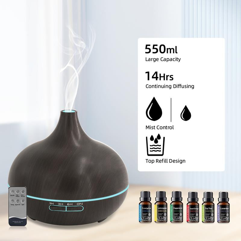 Aromatherapy Diffuser with 6 Essential Oils - 550ml Wood Grain Ultrasonic Humidifier with Remote Control & 7 Color LED Light - Perfect Gift for Christmas, Birthdays & Housewarming