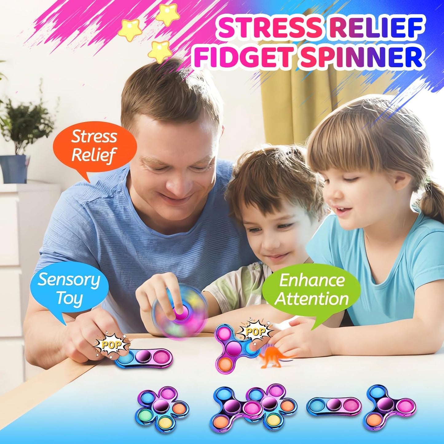 Ultimate 3 Pack Pop Fidget Spinners - Perfect Party Favors & Classroom Prizes for Teens! Sensory Fun for All Ages - Ideal Birthday Gifts!