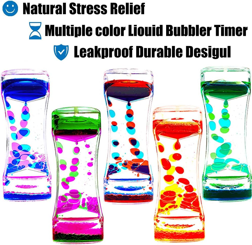 Liquid Motion Bubbler Timer Set of 5 - Colorful Sensory Fidget Toys for Anxiety Relief and Relaxation for Kids, Teens, and Adults