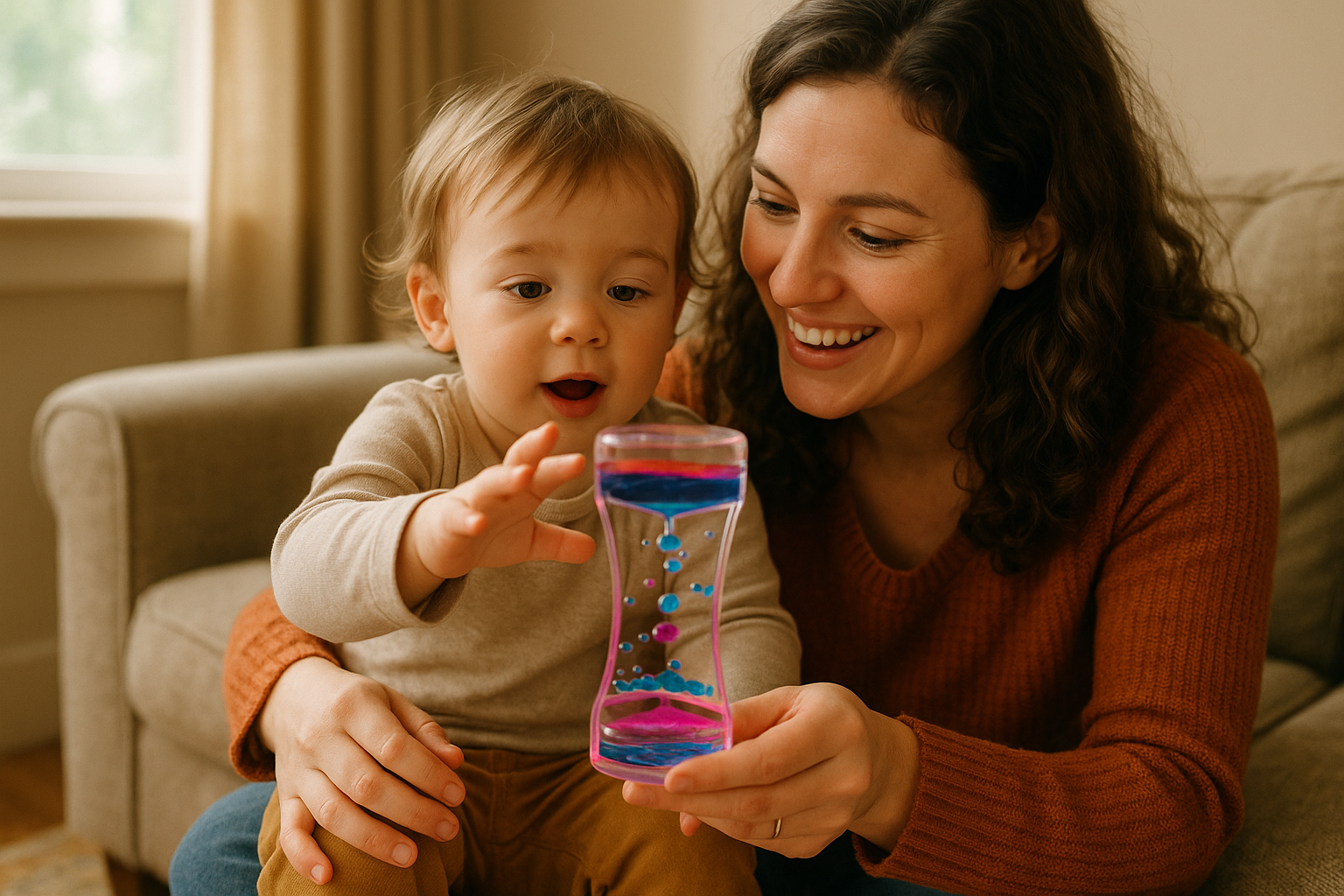 have a mother playing with a child a liquid motion bubbler